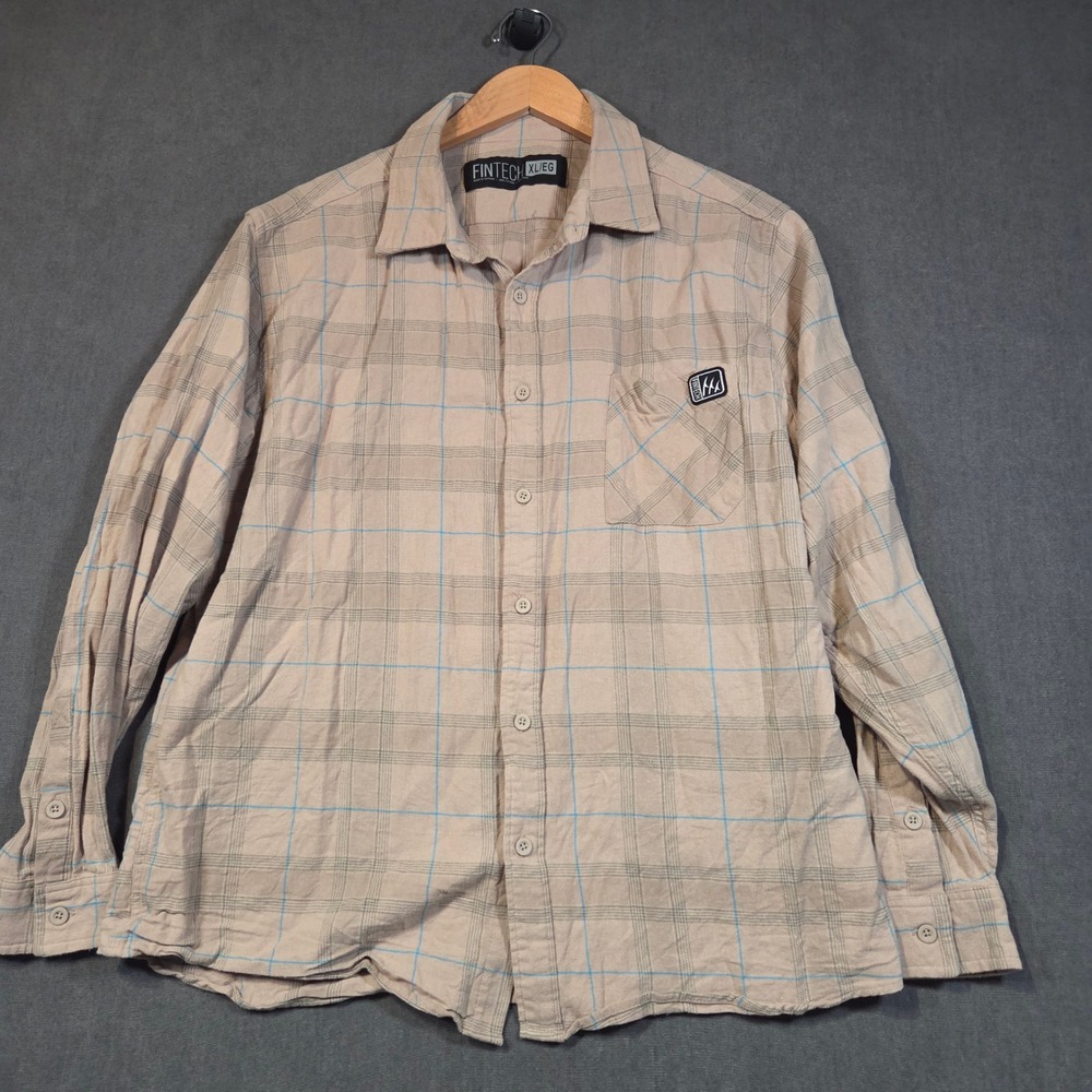 Fintech Button Down Shirt Mens XL Tan Plaid Long Sleeve Cotton Outdoor Pockets